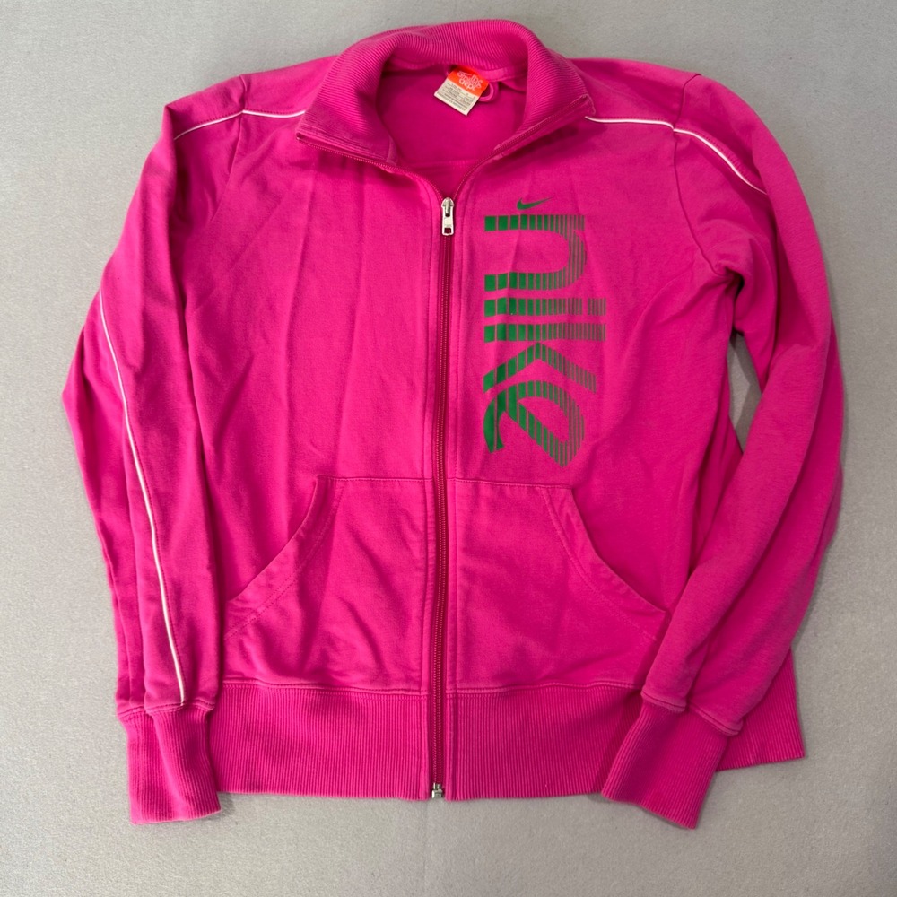Nike Track Jacket‎ Girls Large 12-14 Pink Green Graphic Logo Full Zip Mock Neck